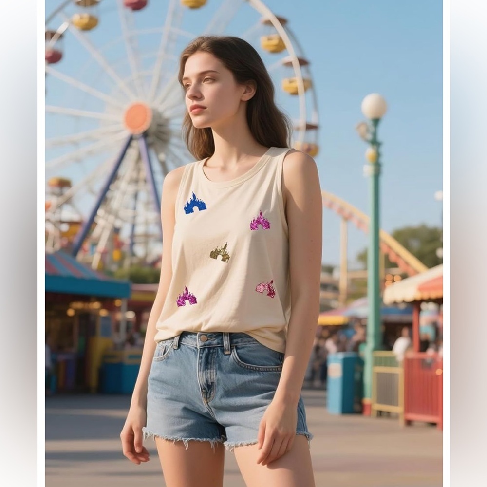 Magic Kingdom Sequin Castle Sleeveless Tank Top Apricot Size Small NEW - Picture 3 of 6